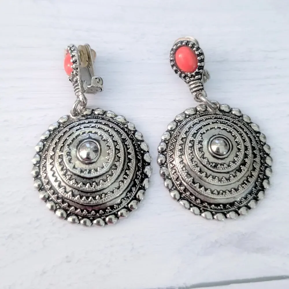 Vintage Clip On Earrings Very Large Silver with Orangey Red Accent Dangle